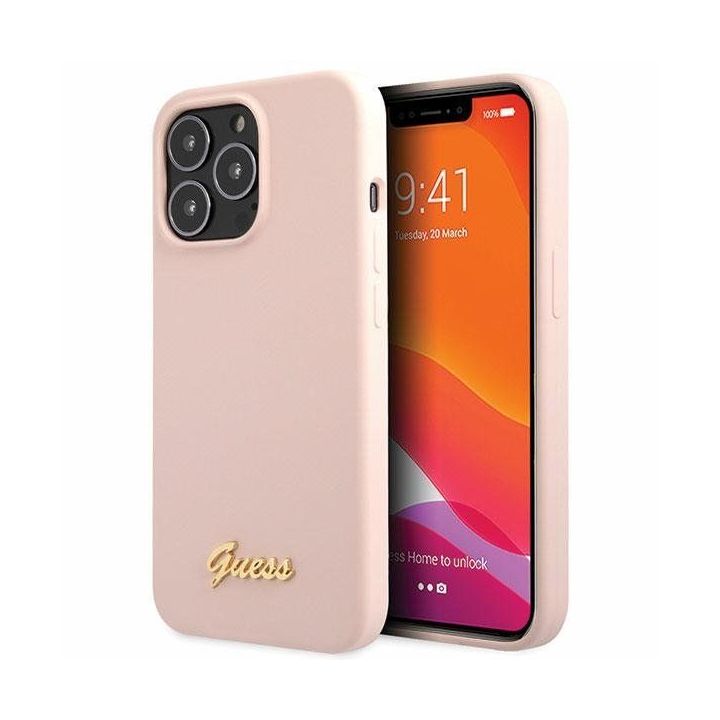 Guess silikoninis dėklas su auksiniu logotipu iPhone 13 Pro Max - šviesiai rožinis