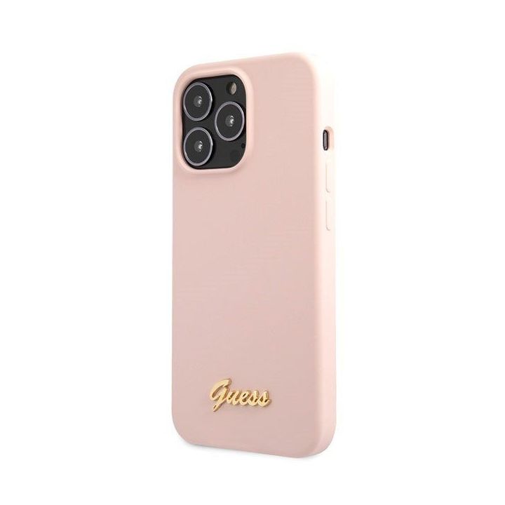 Guess silikoninis dėklas su auksiniu logotipu iPhone 13 Pro Max - šviesiai rožinis