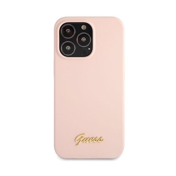 Guess silikoninis dėklas su auksiniu logotipu iPhone 13 Pro Max - šviesiai rožinis