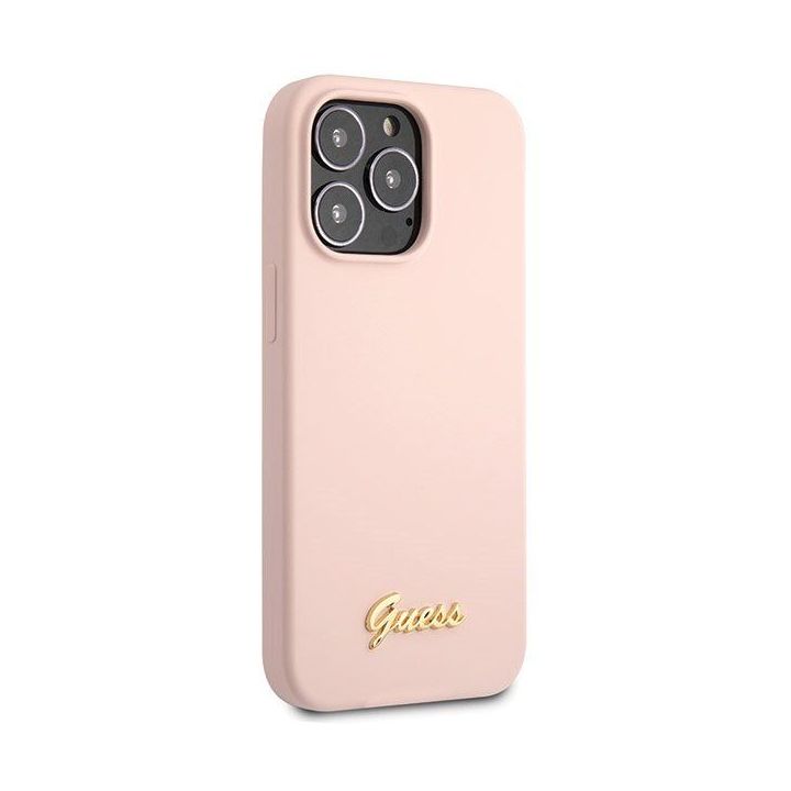 Guess silikoninis dėklas su auksiniu logotipu iPhone 13 Pro Max - šviesiai rožinis