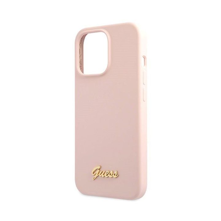 Guess silikoninis dėklas su auksiniu logotipu iPhone 13 Pro Max - šviesiai rožinis