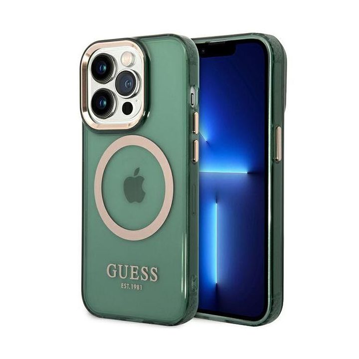 Dėklas Guess Gold Outline Translucent MagSafe prie iPhone 14 Pro - žalia spalva