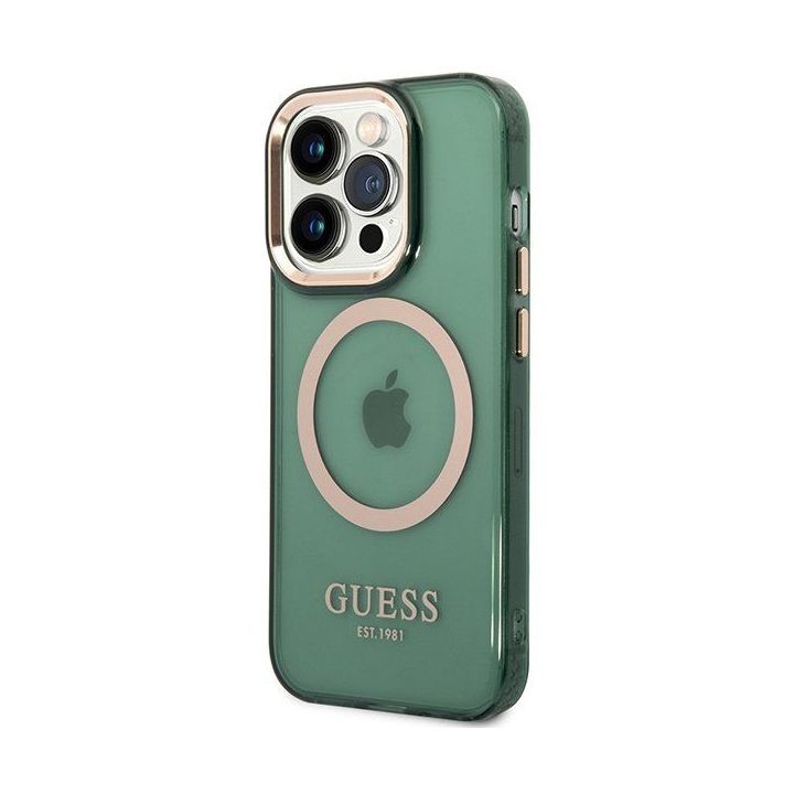 Dėklas Guess Gold Outline Translucent MagSafe prie iPhone 14 Pro - žalia spalva