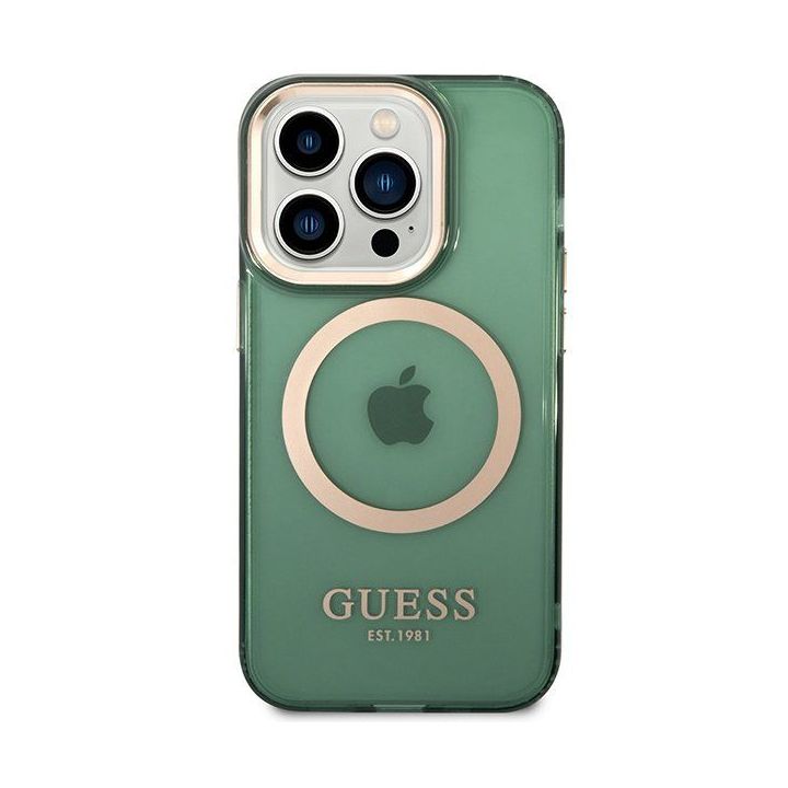 Dėklas Guess Gold Outline Translucent MagSafe prie iPhone 14 Pro - žalia spalva