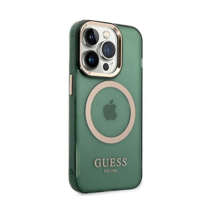 Dėklas Guess Gold Outline Translucent MagSafe prie iPhone 14 Pro - žalia spalva