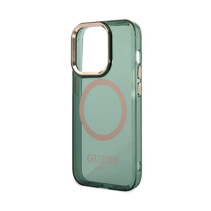 Dėklas Guess Gold Outline Translucent MagSafe prie iPhone 14 Pro - žalia spalva