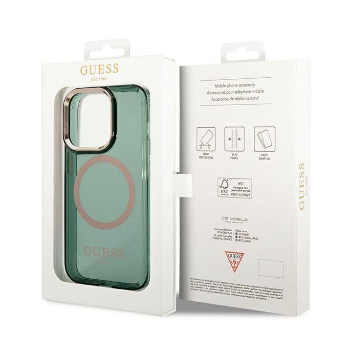 Dėklas Guess Gold Outline Translucent MagSafe prie iPhone 14 Pro - žalia spalva