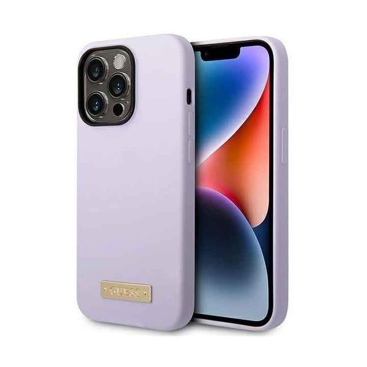 Dėklas Guess Silikoninė logotipo plokštelė MagSafe iPhone 14 Pro - fioletine