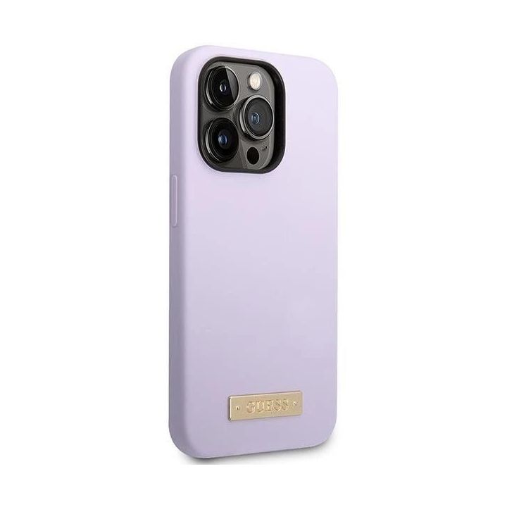 Dėklas Guess Silikoninė logotipo plokštelė MagSafe iPhone 14 Pro - fioletine