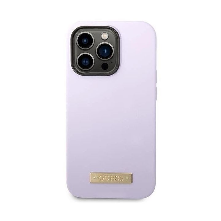 Dėklas Guess Silikoninė logotipo plokštelė MagSafe iPhone 14 Pro - fioletine