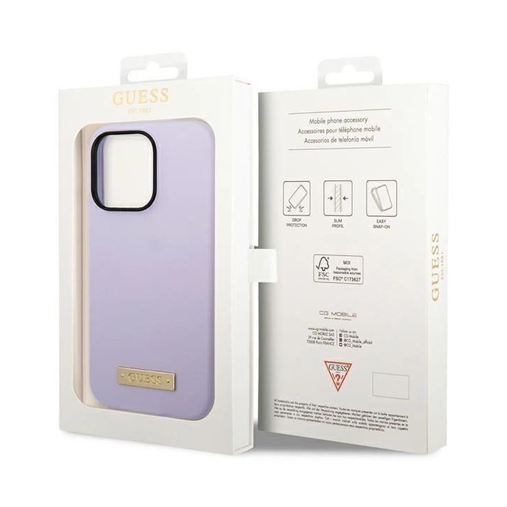 Dėklas Guess Silikoninė logotipo plokštelė MagSafe iPhone 14 Pro - fioletine