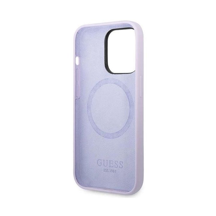 Dėklas Guess Silikoninė logotipo plokštelė MagSafe iPhone 14 Pro - fioletine