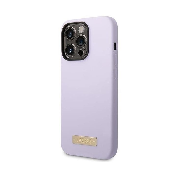 Dėklas Guess Silikoninė logotipo plokštelė MagSafe iPhone 14 Pro - fioletine