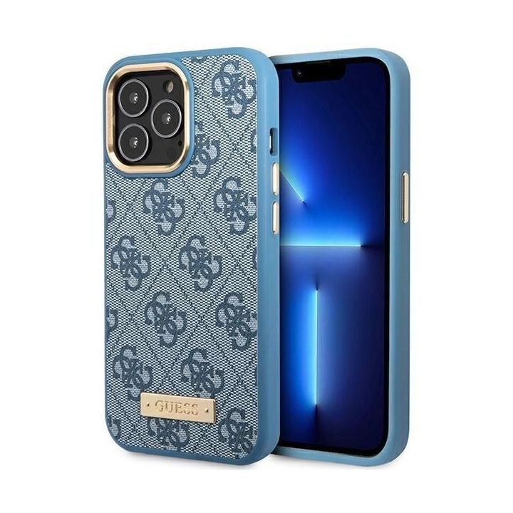 Guess 4G Logo Plate MagSafe dėklas iPhone 14 Pro - mėlynas