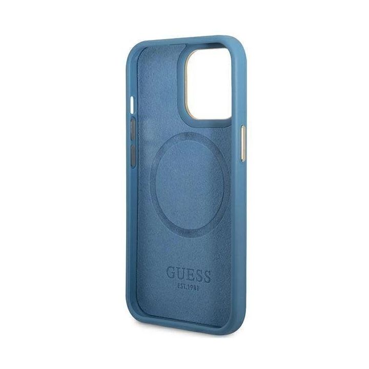 Guess 4G Logo Plate MagSafe dėklas iPhone 14 Pro - mėlynas