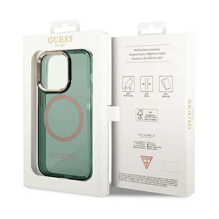 Dėklas Guess Gold Outline Translucent MagSafe saugiklis iPhone 14 Pro Max - Pagrindinis