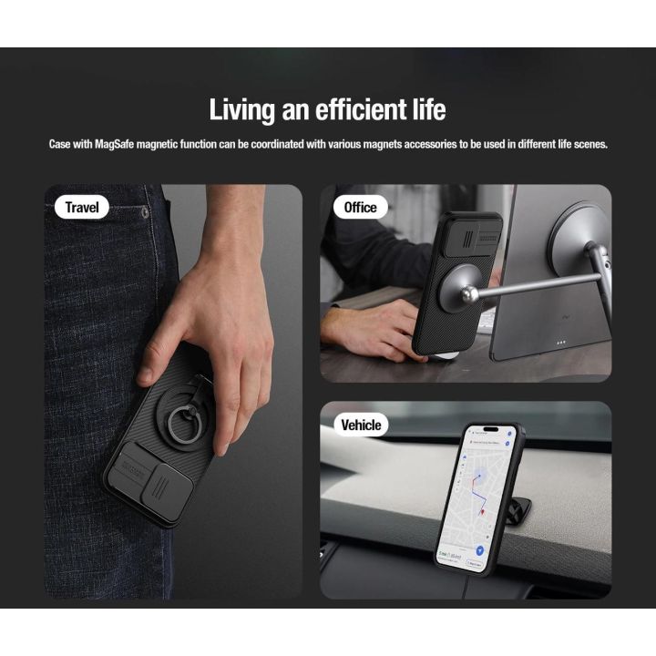 Šarvuotas Nillkin CamShield Pro magnetinis dėklas iPhone 15 Plus su fotoaparato dangteliu - mėlynas