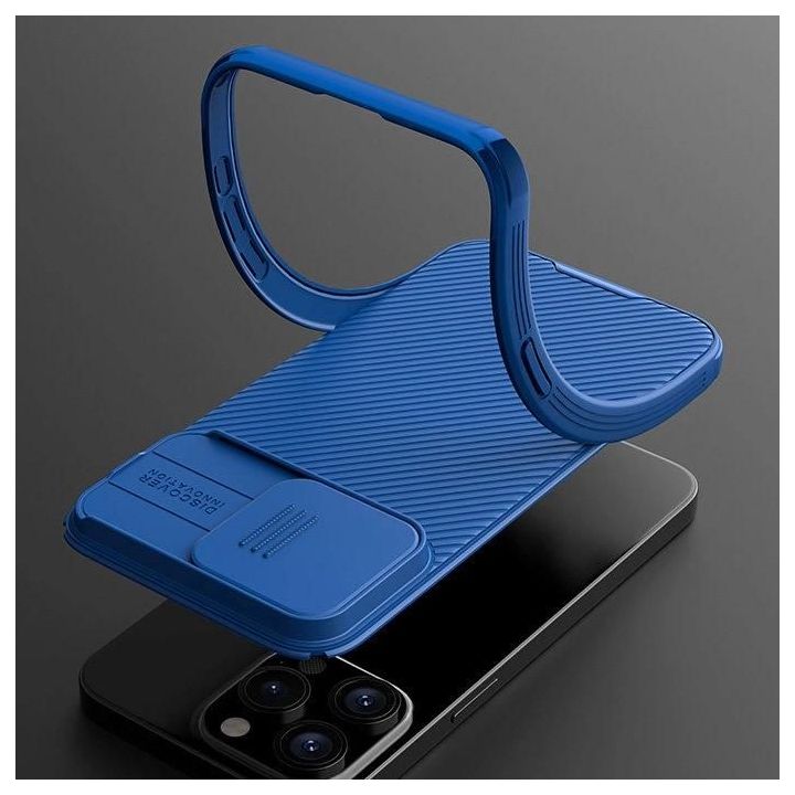 Šarvuotas Nillkin CamShield Pro magnetinis dėklas iPhone 15 Plus su fotoaparato dangteliu - mėlynas