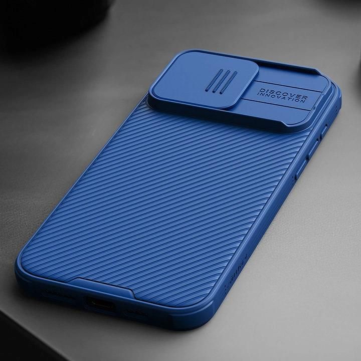 Šarvuotas Nillkin CamShield Pro magnetinis dėklas iPhone 15 Plus su fotoaparato dangteliu - mėlynas