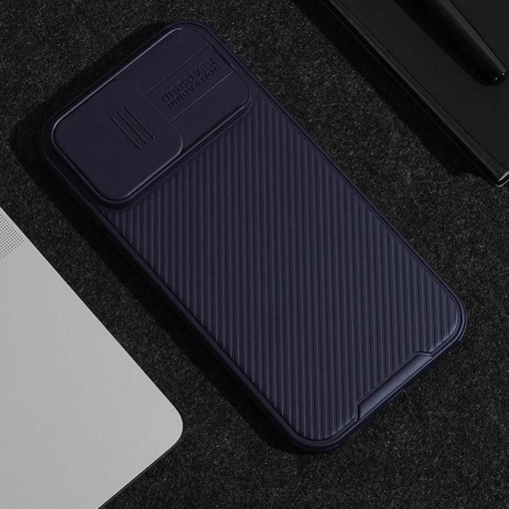Šarvuotas Nillkin CamShield Pro magnetinis dėklas iPhone 15 Plus su fotoaparato dangteliu - mėlynas
