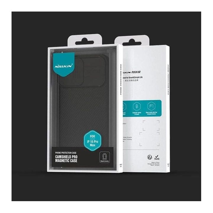 Šarvuotas Nillkin CamShield Pro magnetinis dėklas iPhone 15 Plus su fotoaparato dangteliu - mėlynas
