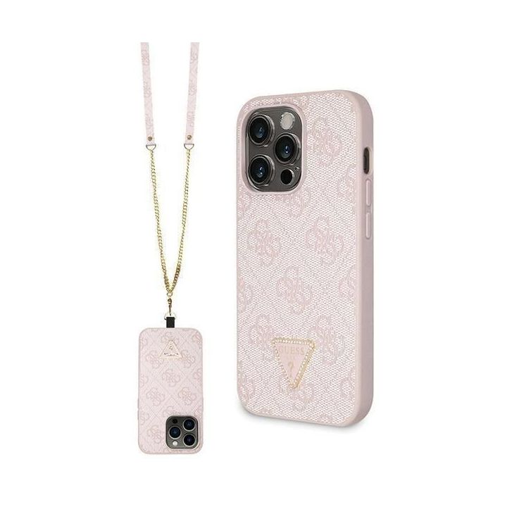 Guess Crossbody 4G metalinis dėklas su logotipu iPhone 14 Pro - rožinis