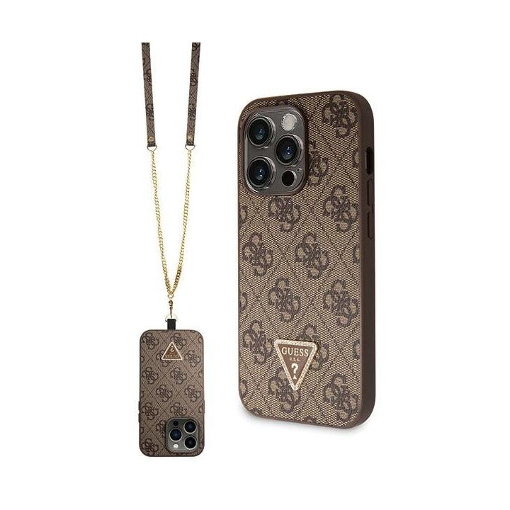 Guess Crossbody 4G metalinis dėklas su logotipu iPhone 14 Pro - rudas