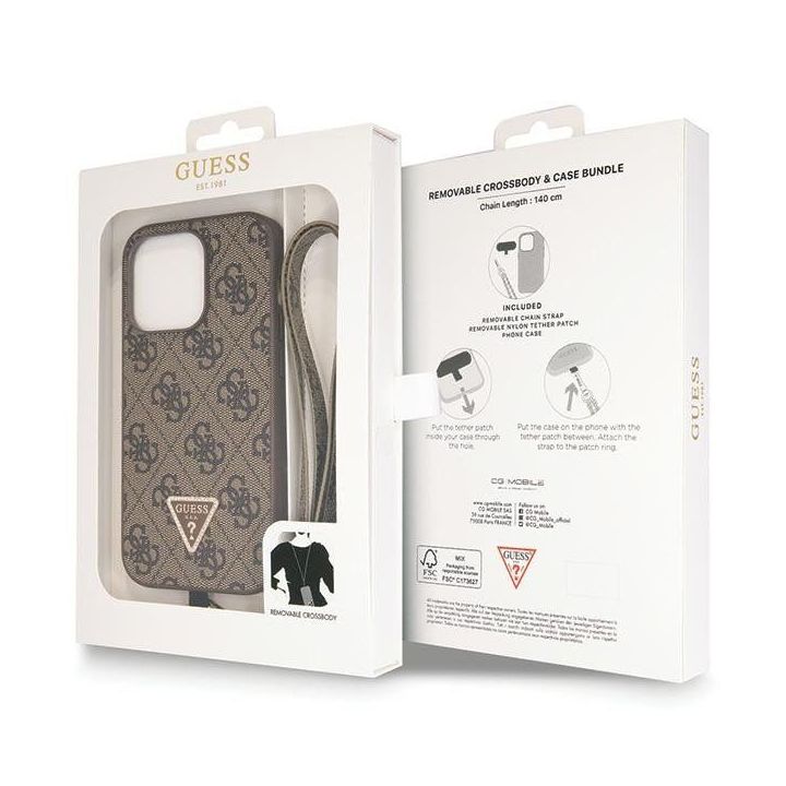 Guess Crossbody 4G metalinis dėklas su logotipu iPhone 14 Pro - rudas