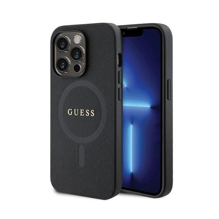 Guess Saffiano MagSafe saugiklis iPhone 14 Pro - juodos spalvos