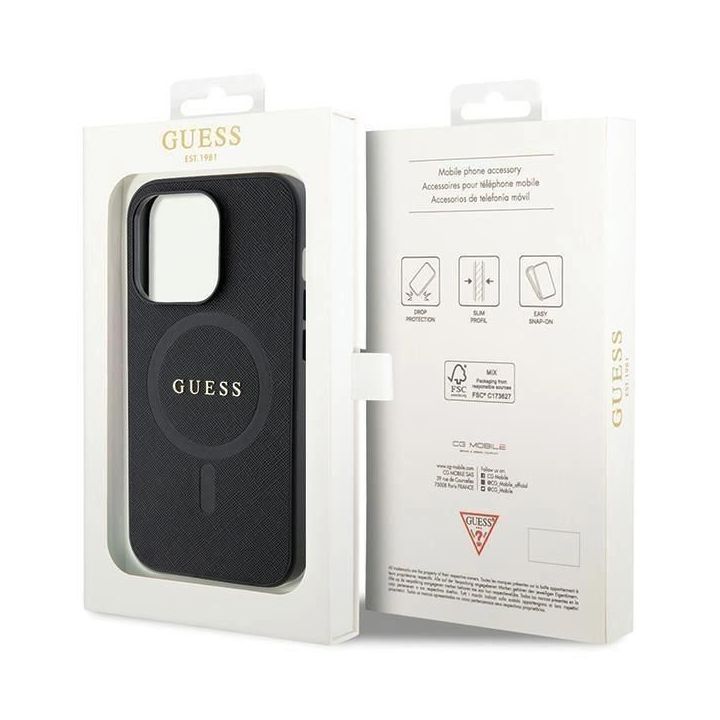 Guess Saffiano MagSafe saugiklis iPhone 14 Pro - juodos spalvos