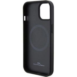 Dėklas BMW MagSafe Leather Hot Stamp ant iPhone 15 Plus - juodos spalvos
