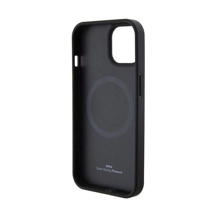 Dėklas BMW MagSafe Leather Hot Stamp ant iPhone 15 Plus - juodos spalvos