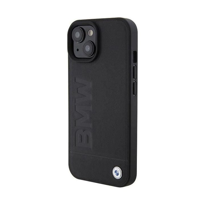Dėklas BMW MagSafe Leather Hot Stamp ant iPhone 15 Plus - juodos spalvos