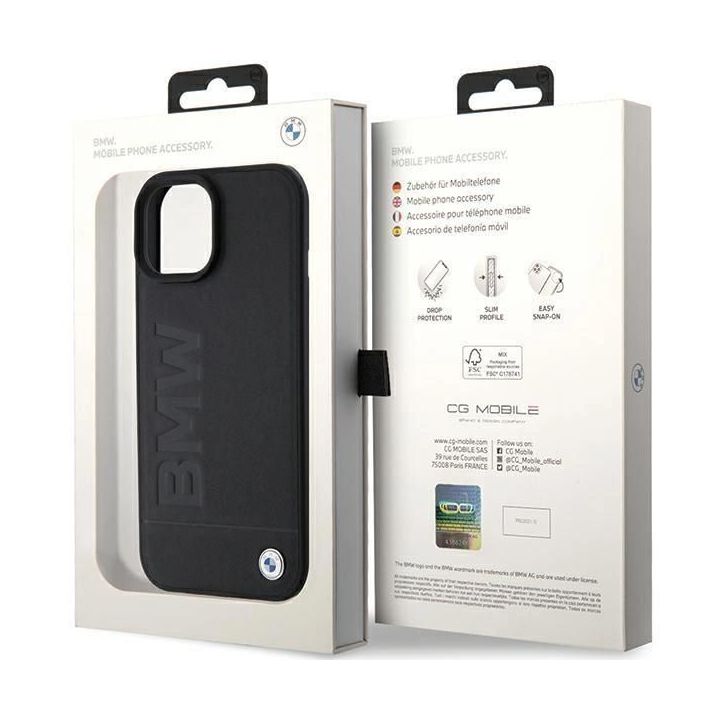 Dėklas BMW MagSafe Leather Hot Stamp ant iPhone 15 Plus - juodos spalvos