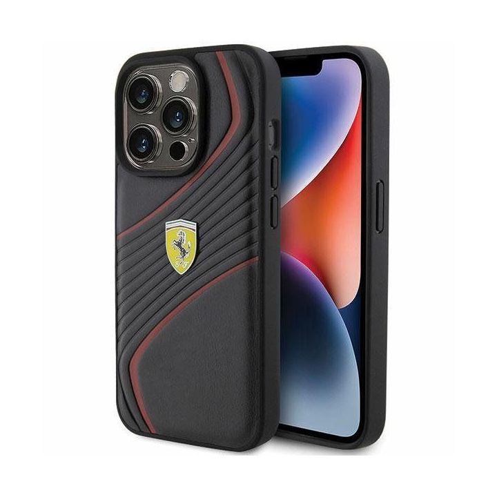 Ferrari Twist metalinis dėklas su logotipu iPhone 15 Pro - juodas