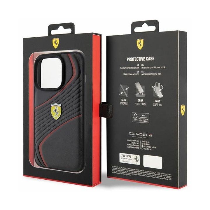 Ferrari Twist metalinis dėklas su logotipu iPhone 15 Pro - juodas