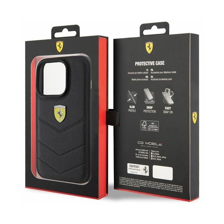 Ferrari dygsniuotas metalinis logotipas ant iPhone 15 Pro - juodos spalvos