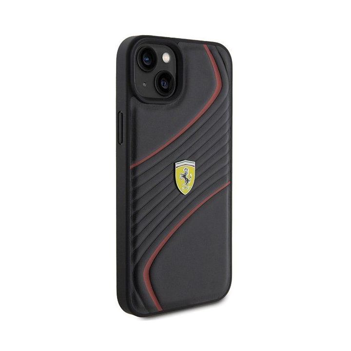 Ferrari Twist metalinis dėklas su logotipu iPhone 15 Plus - juodas