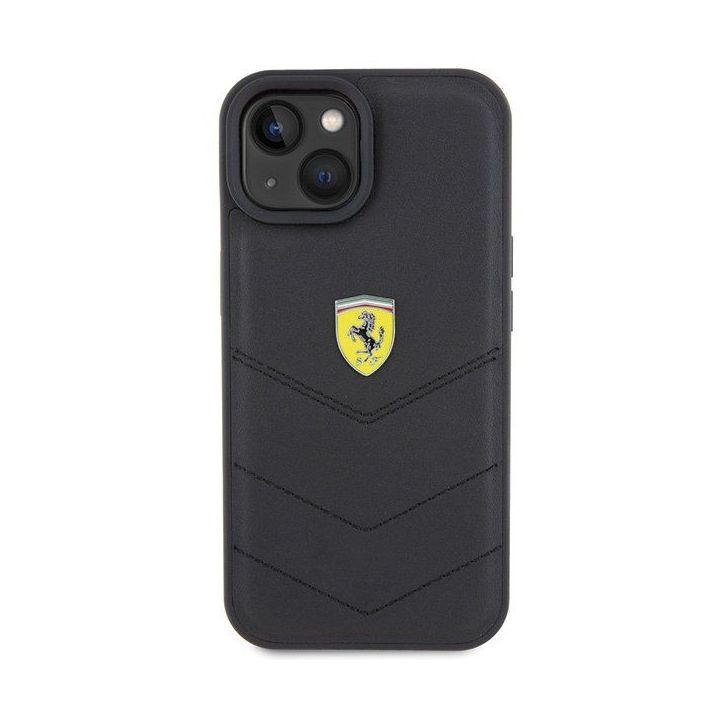 Ferrari dygsniuotas metalinis logotipas ant iPhone 15 - nuotraukos