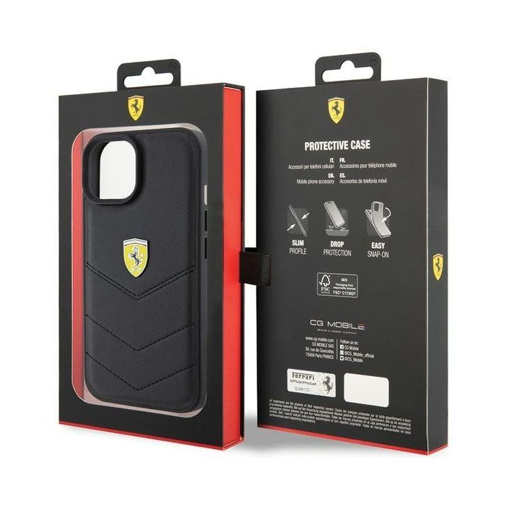 Ferrari dygsniuotas metalinis logotipas ant iPhone 15 - nuotraukos