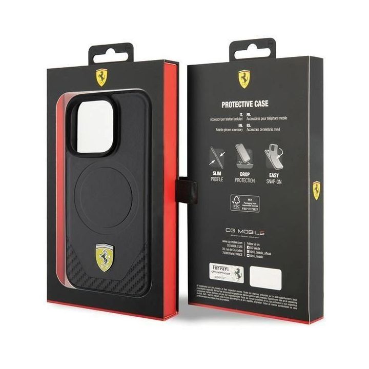 Dėklas Ferrari Carbon Metal Logo MagSafe prie iPhone 15 Pro - Pagrindinis