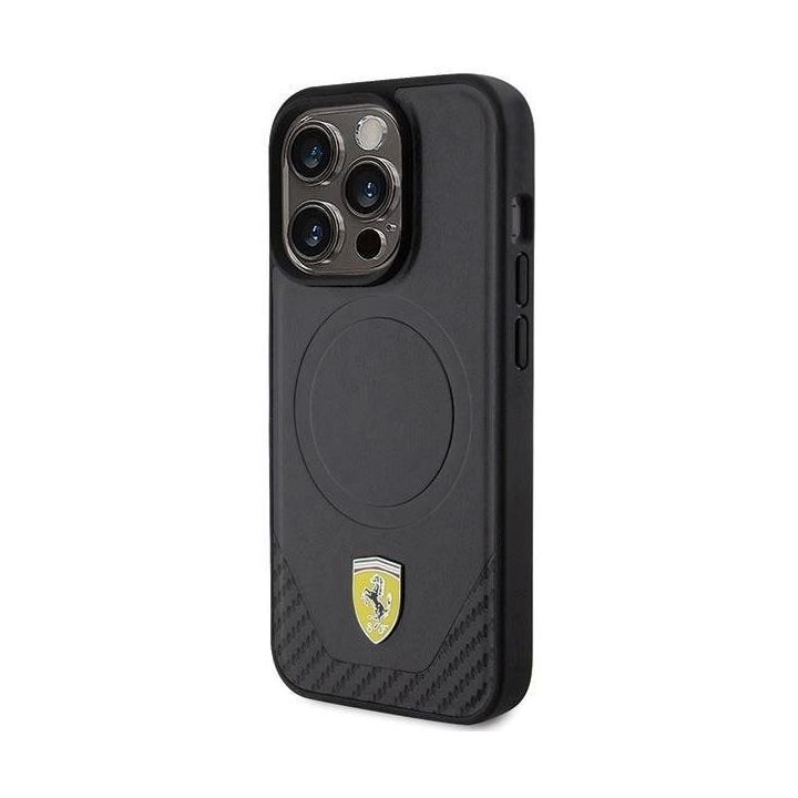 Dėklas Ferrari Carbon Metal Logo MagSafe prie iPhone 15 Pro - Pagrindinis