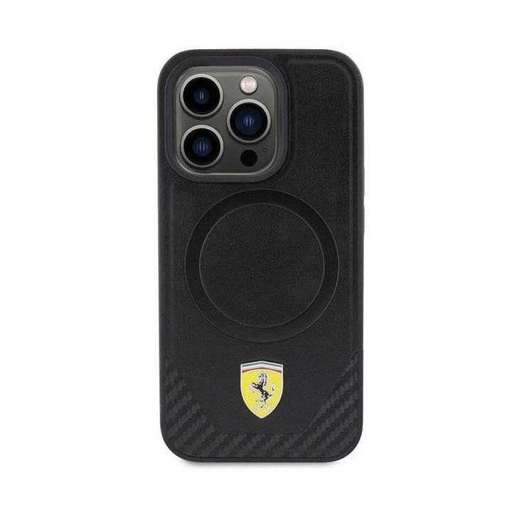 Dėklas Ferrari Carbon Metal Logo MagSafe prie iPhone 15 Pro - Pagrindinis