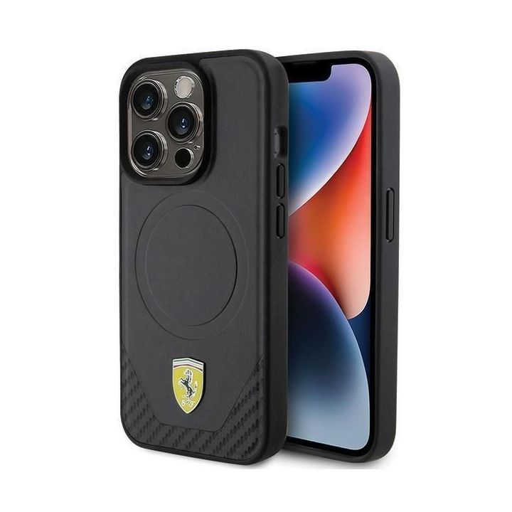 Dėklas Ferrari Carbon Metal Logo MagSafe prie iPhone 15 Pro - Pagrindinis