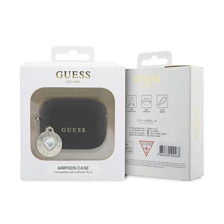 Guess Guess fiksuotas blizgantis širdies pakabukas su deimantais ant AirPods Pro 2 - Juodos spalvos