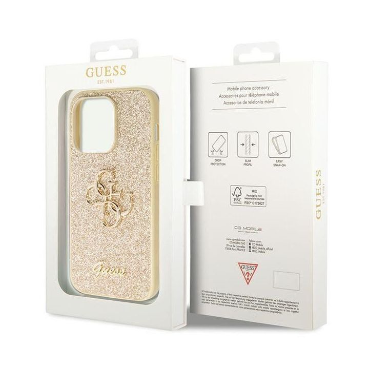 Guess Glitter Script Big 4G dėklas iPhone 14 Pro - auksinis