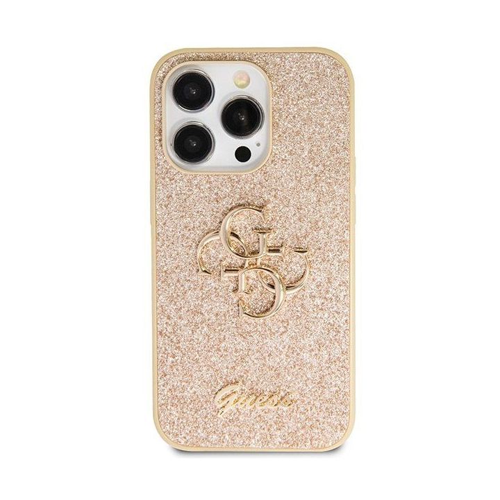 Guess Glitter Script Big 4G dėklas iPhone 14 Pro - auksinis