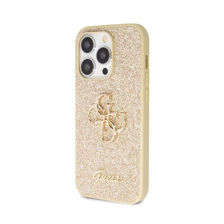 Guess Glitter Script Big 4G dėklas iPhone 14 Pro - auksinis