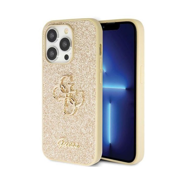 Guess Glitter Script Big 4G dėklas iPhone 14 Pro - auksinis