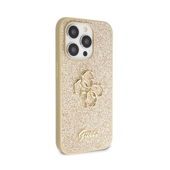 Guess Glitter Script Big 4G dėklas iPhone 14 Pro - auksinis